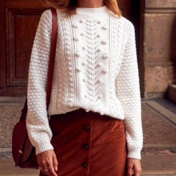 Sezane Sweaters - Sezane Rob Le Fil Rouge Cream Popcorn Cable knit wool sweater Women Sz XS